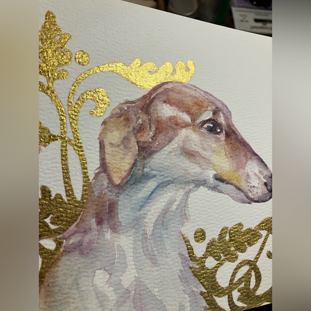 Original Painting Borzoi Dog watercolor Gold accents Floral Art Artettina - Picture 6 of 8